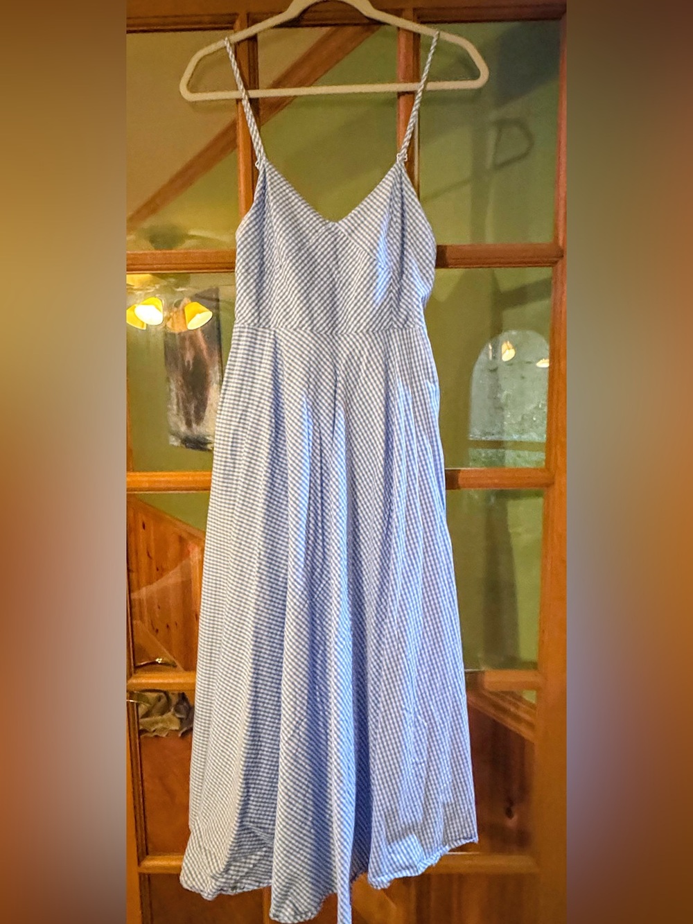 Blue Gingham Spaghetti-Strap Casual Midi Dress